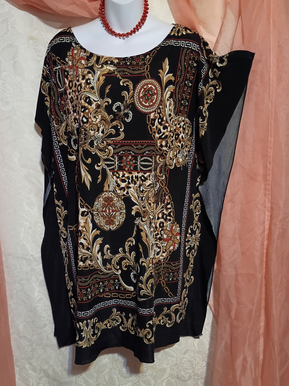 Metaphor Ladies Black Tunic with Gold and Red Ornate Print Sz XL